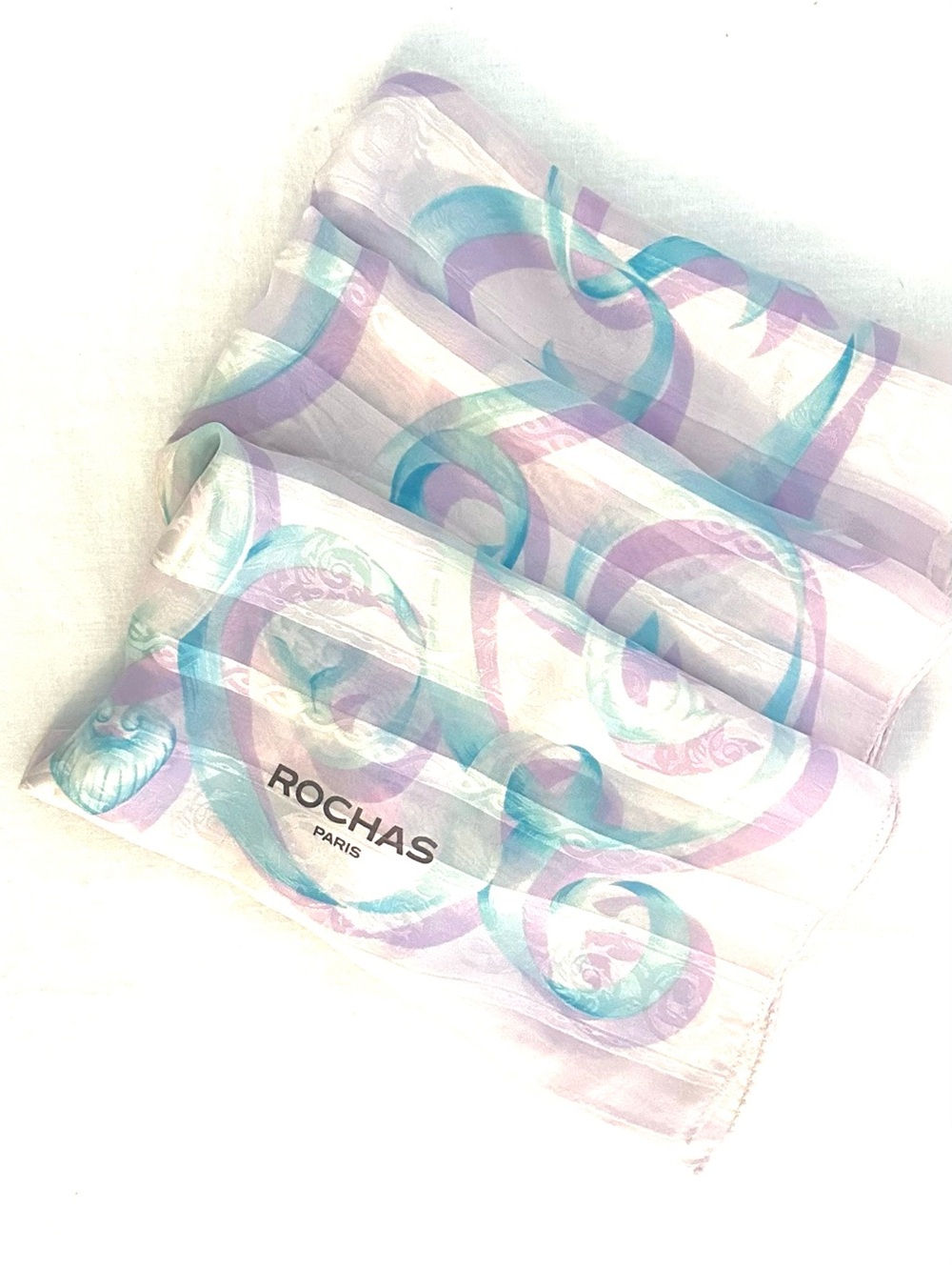ROCHAS Paris Silk Square Vintage Scarf in Lavender & Aqua Swirls on White 34x34 - Picture 3 of 4